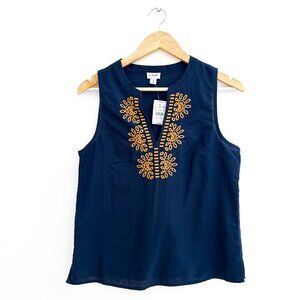 NWT J Crew Linen Cotton Embroidered Tank Top  Navy Sz 2 Sleeveless Summer Blouse